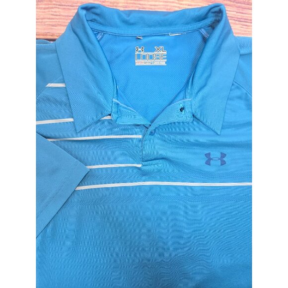 Under Armour Mens Heatgear Polo XL Loose Fit Blue Stripe Design - Picture 4 of 9